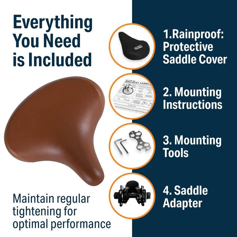 Bikeroo Wide Cruiser Saddle - Comfort Seat Fits Indoor & Outdoor Bicycles - Steel Spring & Elastomer Suspension - Memory Foam - Vintage Brown - Image 4